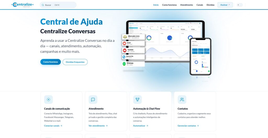 Página inicial da Central de Ajuda da Centralize Conversas, com campo de busca e categorias por tema