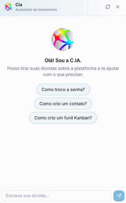 Janela da C.IA aberta dentro da plataforma, sugerindo perguntas como trocar a senha, criar um contato e montar um funil Kanban