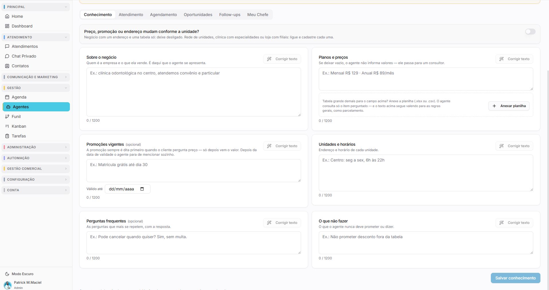Aba Conhecimento do menu Agentes, com a base de informações do agente e o agendamento de promoções